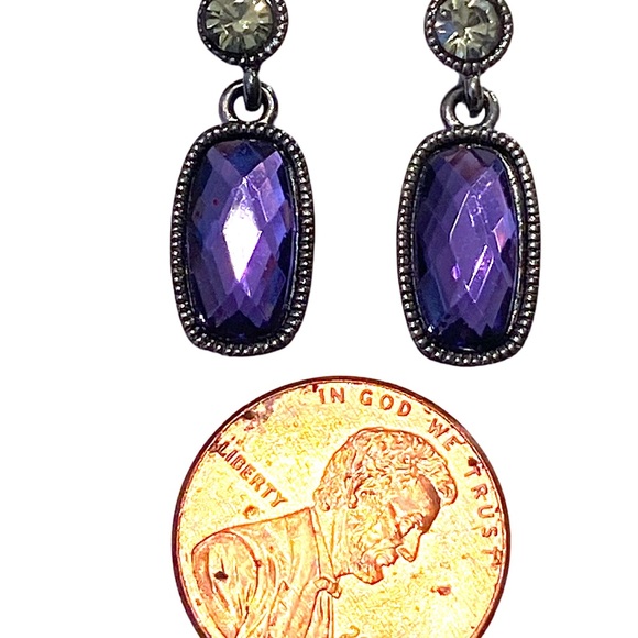 AVON Gunmetal Purple Rhinestone Dangle Earrings - Picture 2 of 2